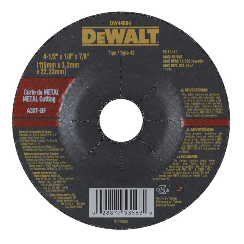 DISCO CORTE MTL 4 1/2X1/8X7/8 DW44604 DE WALT