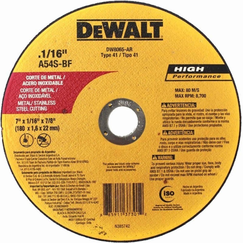 DISCO CORTE INOX 7 X 0.55 X 7/8 PULG PLANO DW8065 DE WALT