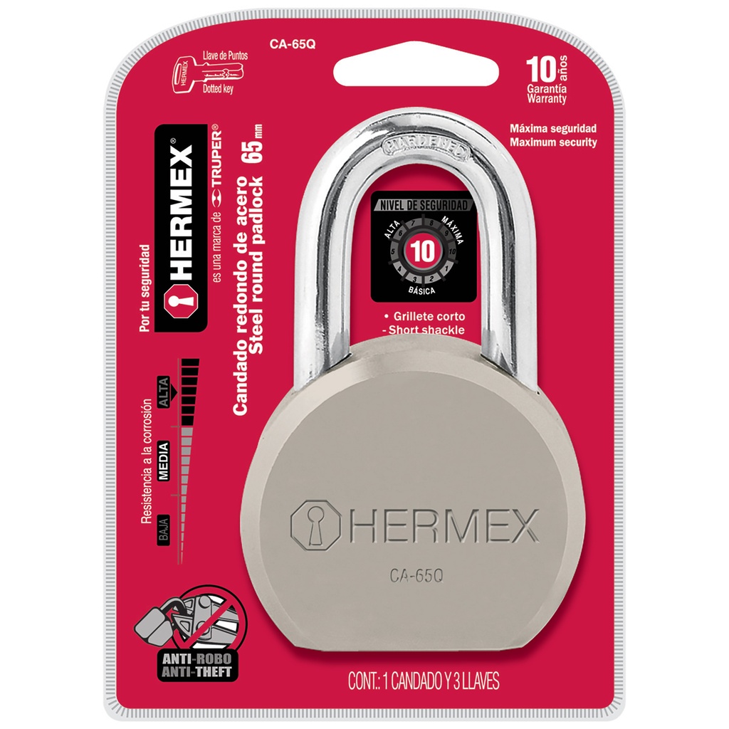 CANDADO ACERO 65MM ARCO CORTO 43336/43338 HERMEX