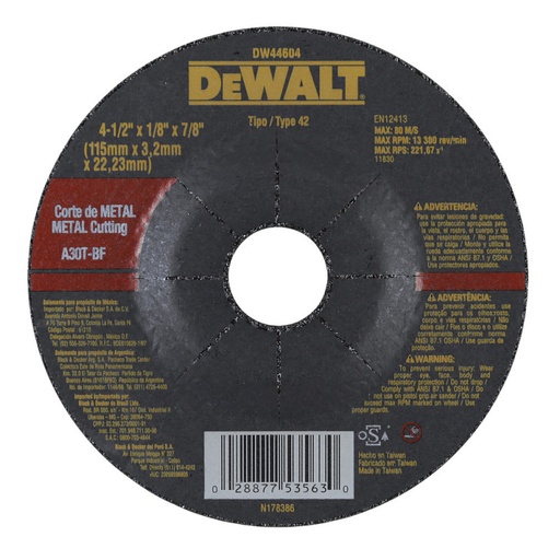 [264-128] DISCO CORTE MTL 4 1/2X1/8X7/8 DW44604 DE WALT