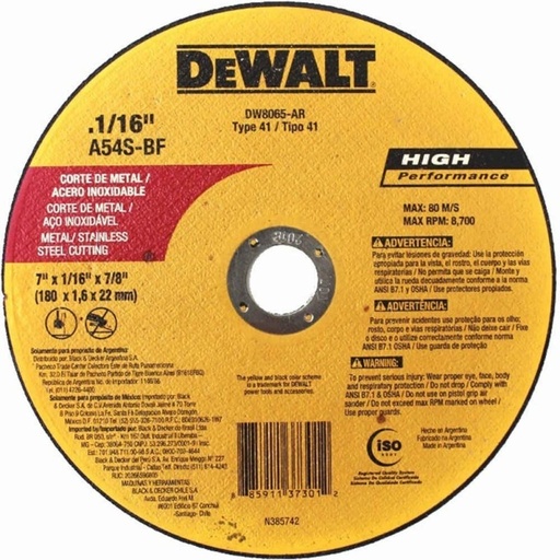 [264-92] DISCO CORTE INOX 7 X 0.55 X 7/8 PULG PLANO DW8065 DE WALT