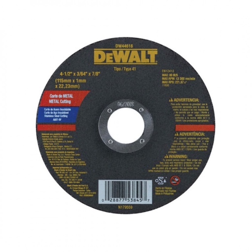 [264-94] DISCO CORTE INOX 4 1/2 X 3/64 X 1MM DW44618 DE WALT